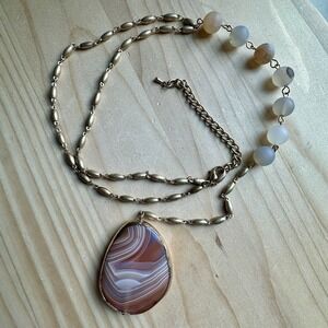 VTG Pendant‎ Necklace 17" Brazilian Agate Beads Gold Plated Chain Artisan Made